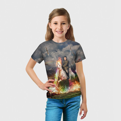 Детская футболка 3D с принтом Ким чен ын на Единороге, вид сбоку #3