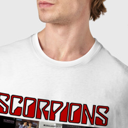 Футболка с принтом Scorpions для мужчины, вид на модели спереди №4. Цвет основы: белый