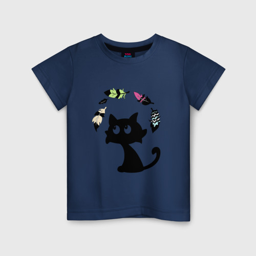 Детская футболка хлопок Котик и перья, цвет темно-синий