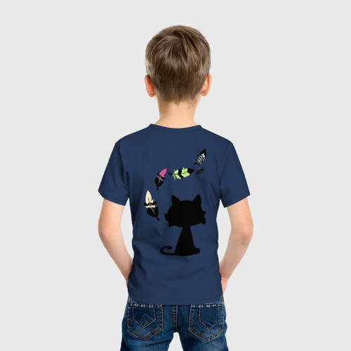 Детская футболка хлопок Котик и перья, цвет темно-синий - фото 4