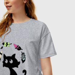 Женская футболка хлопок Oversize Котик и перья - фото 2