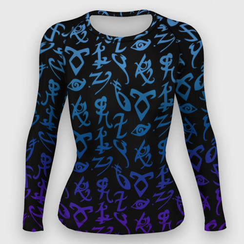 Женский рашгард 3D с принтом Blue runes, вид спереди #2