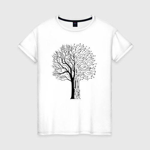 Женская футболка из хлопка с принтом Digital tree, вид спереди №1