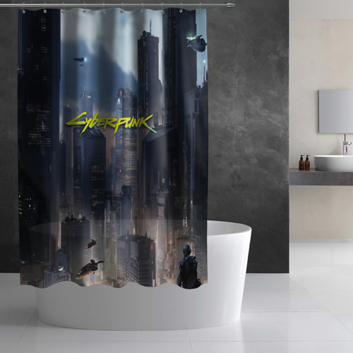 Штора 3D для ванной Cyberpunk 2077 city - фото 3