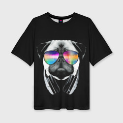 Женская футболка oversize 3D Мопс в наушниках