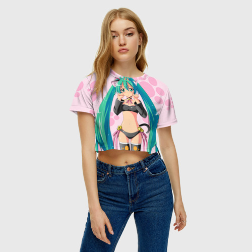 Женская футболка Crop-top 3D Хатсуне Мику на розовом фоне, цвет 3D печать - фото 3