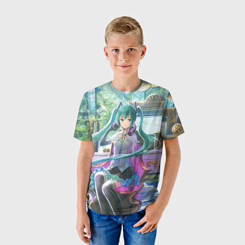 Детская футболка 3D Мика Хацуне в консерватории в наушниках, цвет 3D печать - фото 3