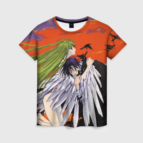 Женская футболка с принтом Code Geass Лелуша обнимает Ангел, вид спереди №1