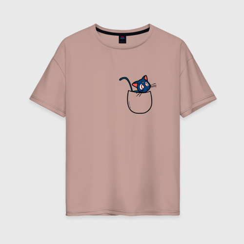 Женская футболка хлопок Oversize Кот в кармане, цвет пыльно-розовый