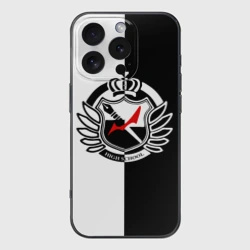 Чехол для iPhone 16 Pro силиконовый с защитой камеры Monokuma school с фоном