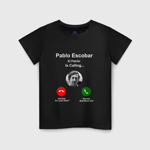 Детская футболка хлопок с принтом Escobar, вид спереди #2