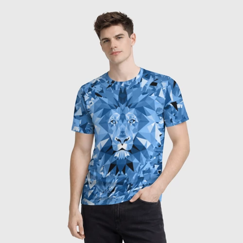 Мужская футболка 3D с принтом Сине-бело-голубой лев, фото на моделе #1