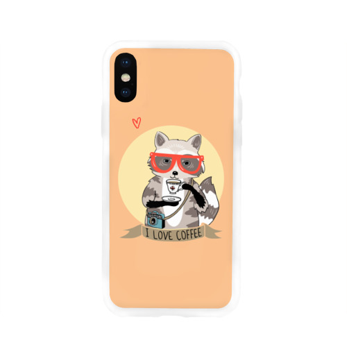 Чехол для iPhone X глянцевый Енот и кофе Фото 01 Чехол для iPhone X глянцевый Енот и кофе Фото 01