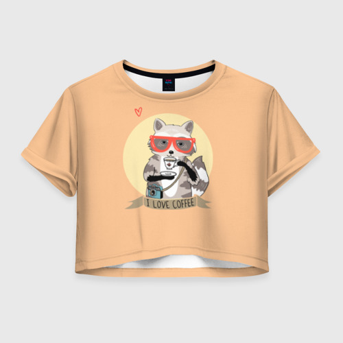 Женская футболка Crop-top 3D Енот и кофе Фото 01 Женская футболка Crop-top 3D Енот и кофе Фото 01