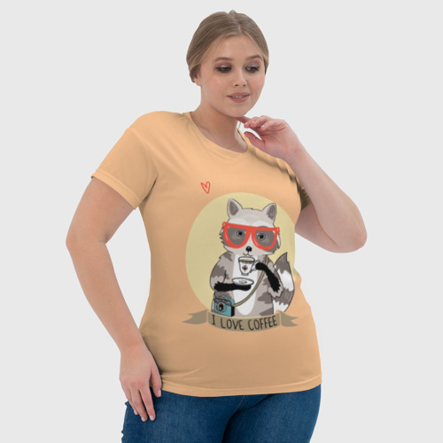 Женская футболка 3D с принтом Енот и кофе, фото #4