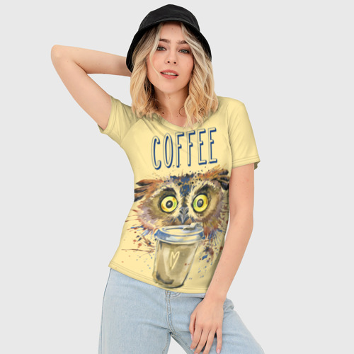 Женская футболка 3D Slim Сова и кофе, цвет 3D печать - фото 3