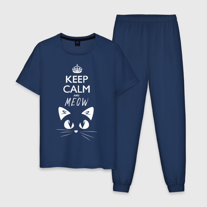 Пижама с принтом Keep calm and meow для мужчины, вид спереди №1. Цвет основы: темно-синий