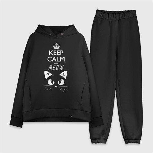 Женский костюм хлопок Oversize Keep calm and meow, цвет черный