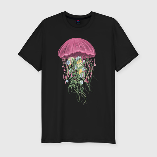 Мужская футболка хлопок Slim Медуза и цветы, цвет черный