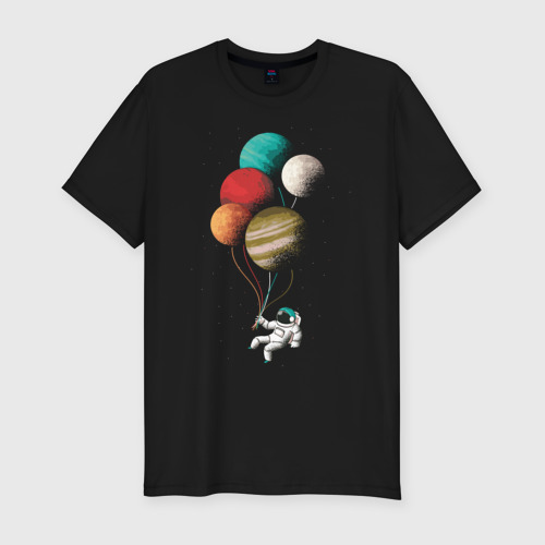 Мужская приталенная футболка из хлопка с принтом Космонавт в космосе с планетам, вид спереди №1