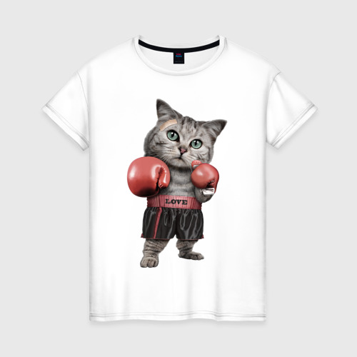 Женская футболка хлопок Кот боксёр, цвет белый