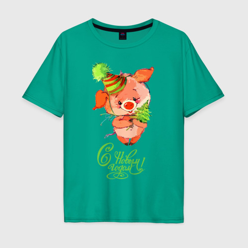 Мужская футболка хлопок Oversize Свинка с ёлкой Фото 01 Мужская футболка хлопок Oversize Свинка с ёлкой Фото 01