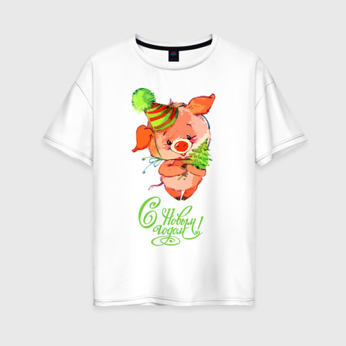Женская футболка хлопок Oversize Свинка с ёлкой, цвет белый