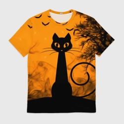 Мужская футболка 3D Черная кошка на Хеллоуин