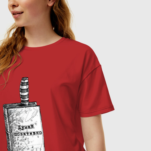 Женская футболка хлопок Oversize Думай позитивно, цвет красный - фото 3