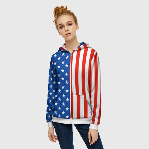 Женская толстовка 3D на молнии Американский Флаг, цвет белый - фото 3