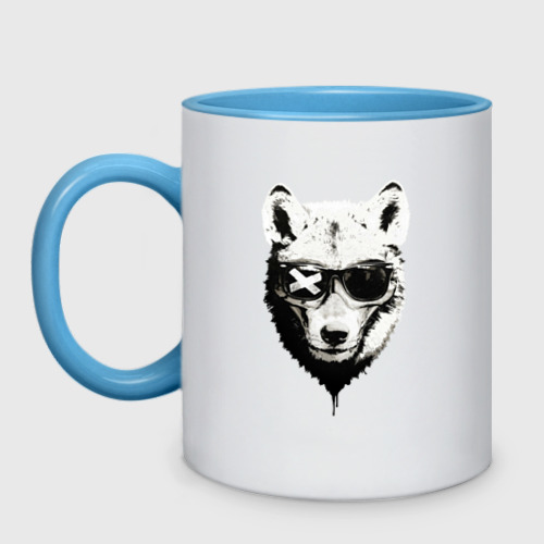 Кружка двухцветная wolf with glasses, цвет белый + небесно-голубой