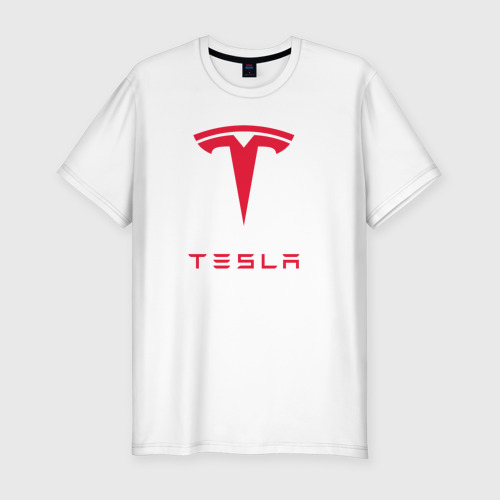 Мужская футболка приталенная из хлопка с принтом Tesla Тесла, вид спереди №1