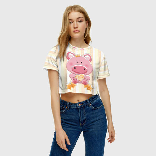 Женская футболка Crop-top 3D Поросенок love, цвет 3D печать - фото 3