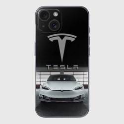 Чехол для iPhone 15 силиконовый с защитой камеры Tesla