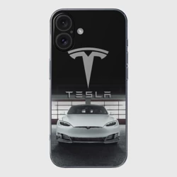 Чехол для iPhone 16 силиконовый с защитой камеры Tesla