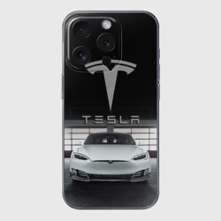 Чехол для iPhone 15 Pro Max силиконовый с защитой камеры Tesla