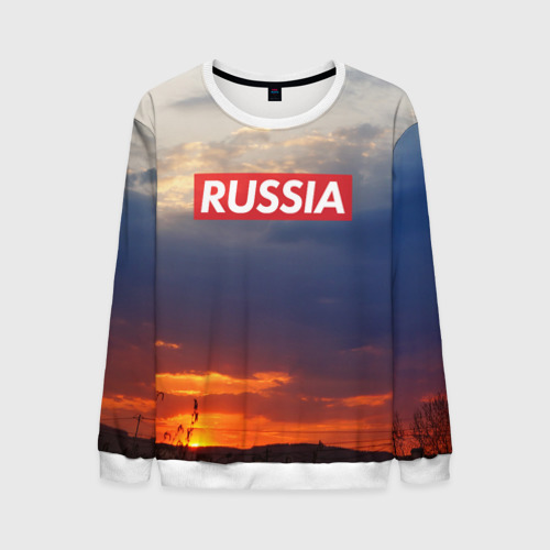 Мужской свитшот 3D Флаг России на Закате, цвет белый