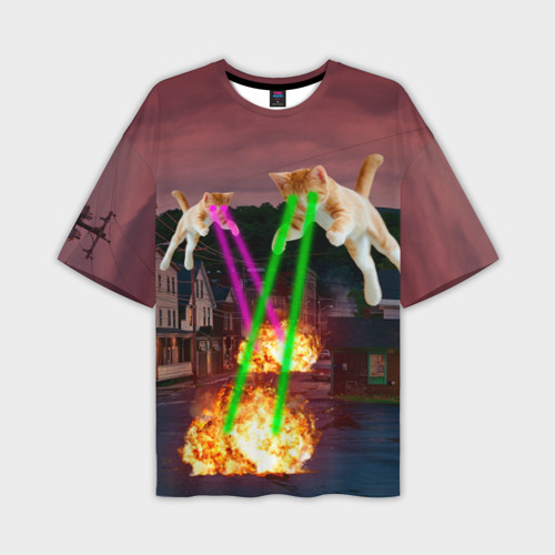 Мужская футболка оверсайз с принтом Кошачья атака лазерами — мем авиация, вид спереди №1