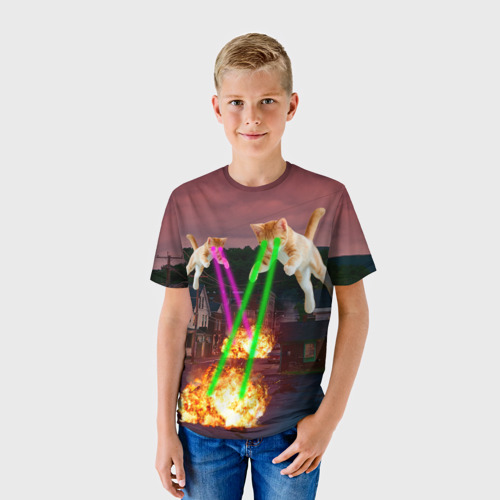 Детская футболка 3D Кошачья атака лазерами - мем авиация, цвет 3D печать - фото 3