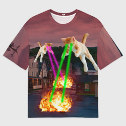 Мужская футболка oversize 3D Кошачья атака лазерами - мем авиация