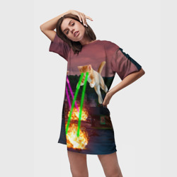 Платье-футболка 3D Кошачья атака лазерами - мем авиация - фото 2