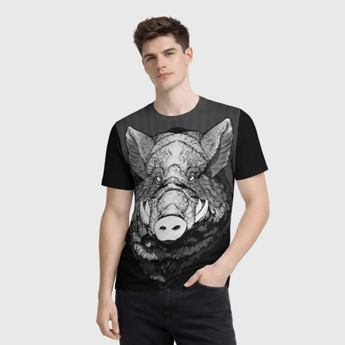 Мужская футболка 3D с принтом Кабан суровый, фото на моделе #1