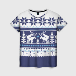 Женская футболка 3D Свитер с оленями синий имитация