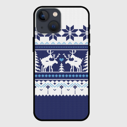 Чехол для iPhone 13 mini Свитер с оленями синий имитация
