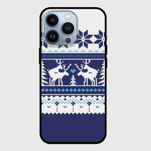 Чехол для iPhone 13 Pro Свитер с оленями синий имитация, цвет черный