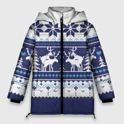 Женская зимняя куртка Oversize Свитер с оленями синий имитация