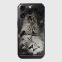 Чехол для iPhone 15 Pro силиконовый с защитой камеры Лев и львица