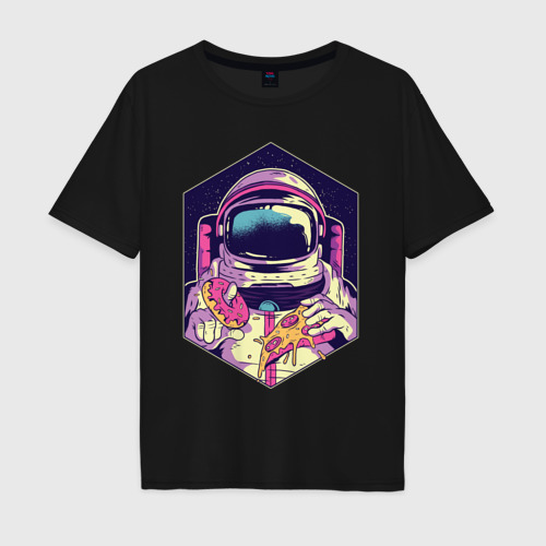 Мужская футболка хлопок Oversize Космонавт с Едой, цвет черный