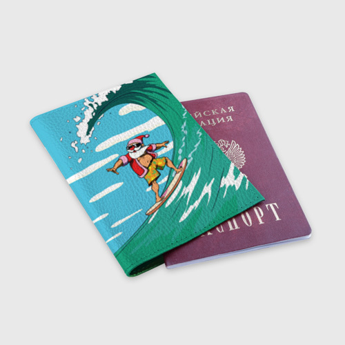 Обложка для паспорта матовая кожа Summer Santa - surfing, цвет зеленый - фото 3