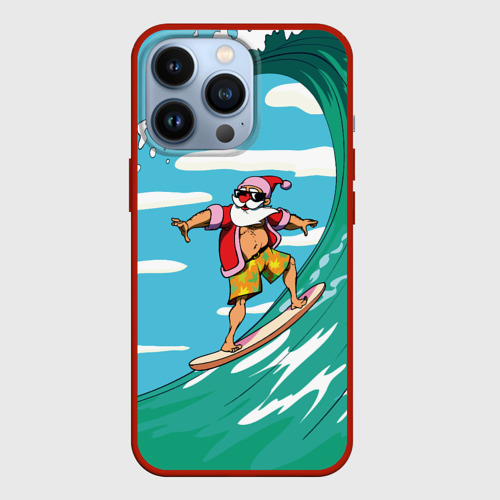 Чехол для iPhone 13 Pro Summer Santa - surfing, цвет красный